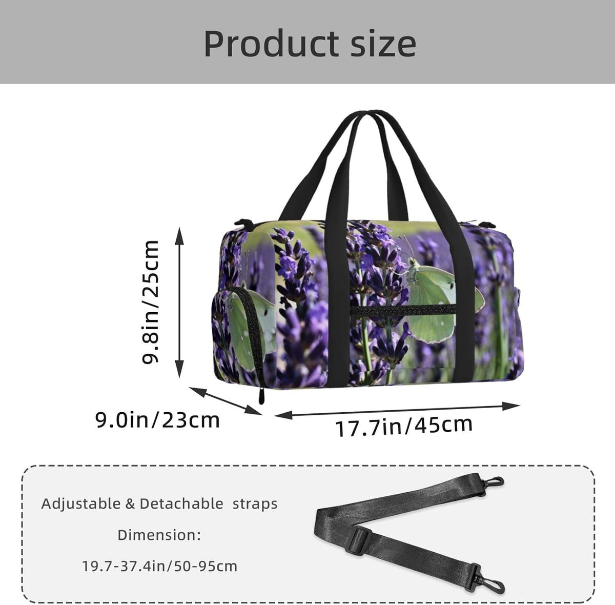 Lavender Butterfly Field Duffel Bag with Shoe Compartment-Sports Gym Weekender for Men Women, Waterproof Travel Tote with Wet Pocket for Dirty Shoes