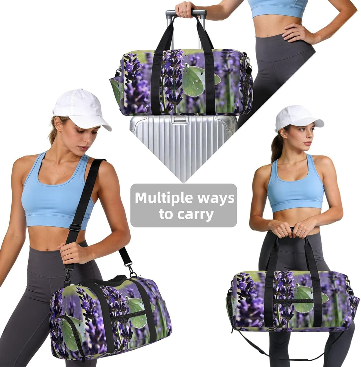 Lavender Butterfly Field Duffel Bag with Shoe Compartment-Sports Gym Weekender for Men Women, Waterproof Travel Tote with Wet Pocket for Dirty Shoes