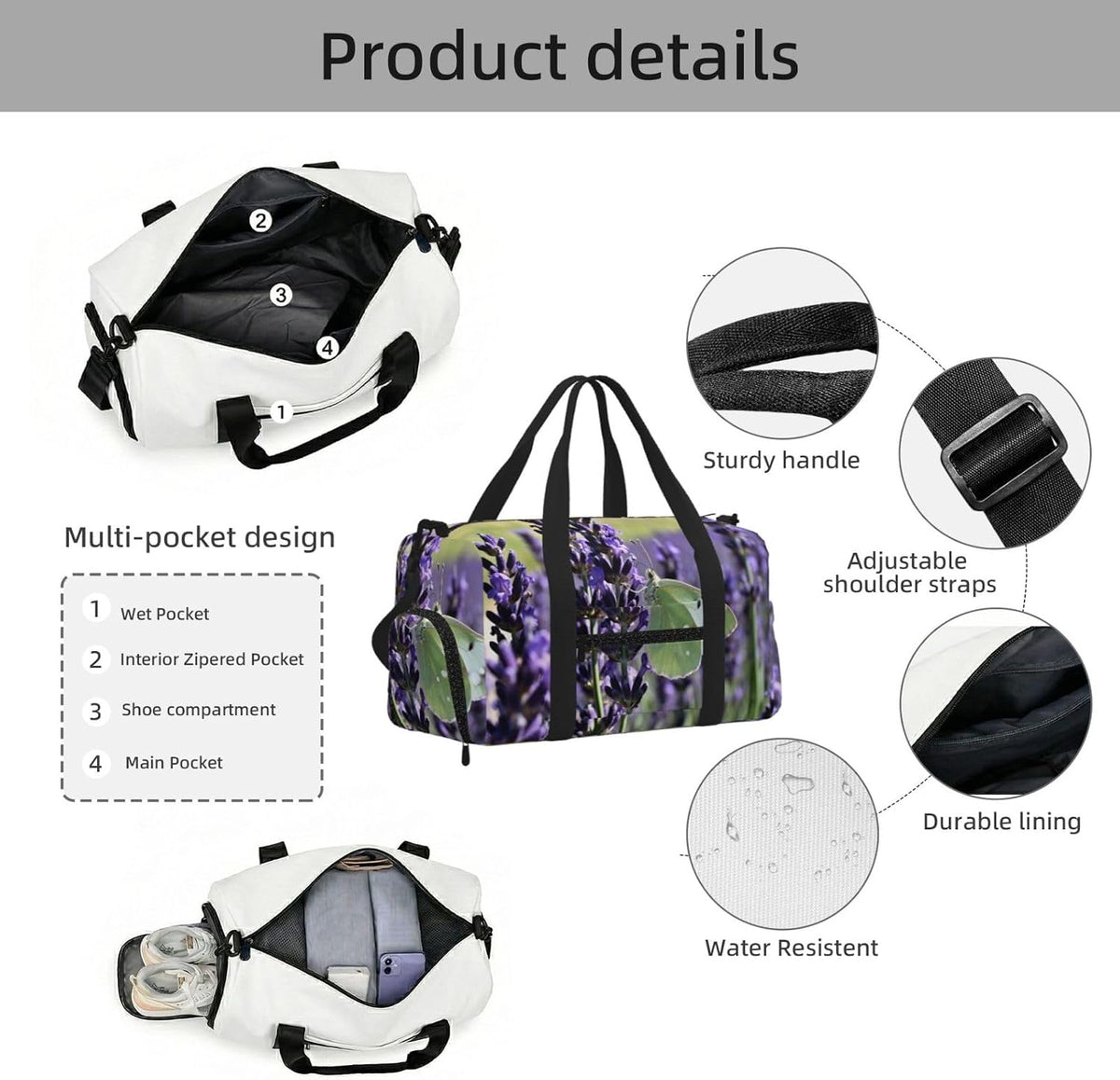 Lavender Butterfly Field Duffel Bag with Shoe Compartment-Sports Gym Weekender for Men Women, Waterproof Travel Tote with Wet Pocket for Dirty Shoes