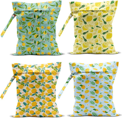 4 Pack Lemon Print Wet Dry Bags, Waterproof Summer Beach Travel Swimsuit Bags, Reusable Gym Toiletry Bags, Vacation Gifts for Friends