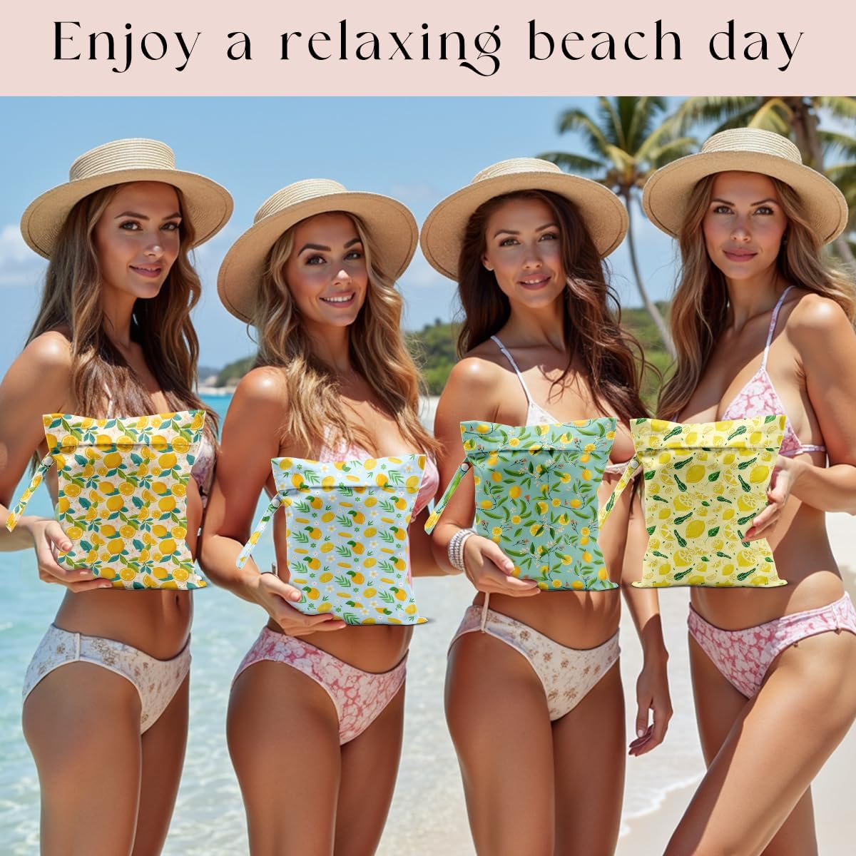 4 Pack Lemon Print Wet Dry Bags, Waterproof Summer Beach Travel Swimsuit Bags, Reusable Gym Toiletry Bags, Vacation Gifts for Friends