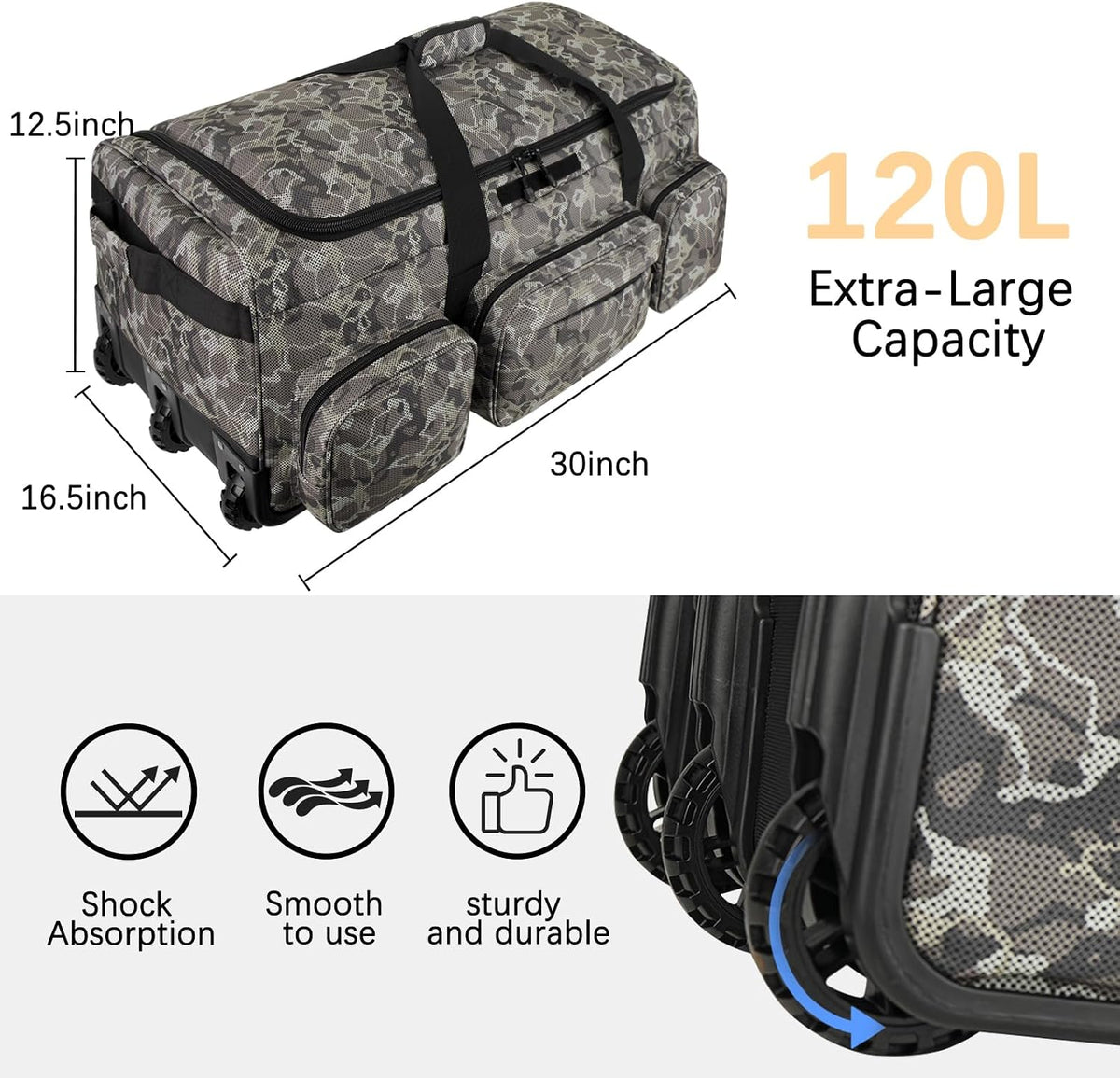 120L 3 Wheel Tactical Rolling Duffle Bag, Heavy Duty Military Deployment Luggage, 900D Waterproof Duffel for Camping Travel Outdoor Sports