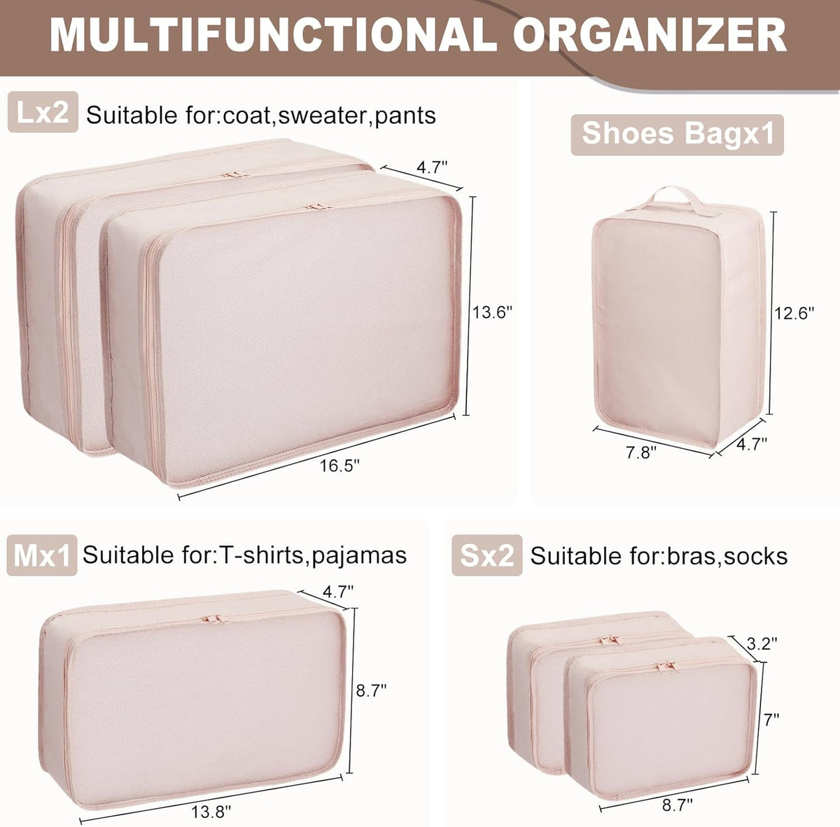 Packing cubes for Travel, Luggage Organizer Bags 6 Set Packing Cubes for Suitcases Travel Essentials for Carry on Mesh Suitcase Organizer with Shoe Bag (pink)