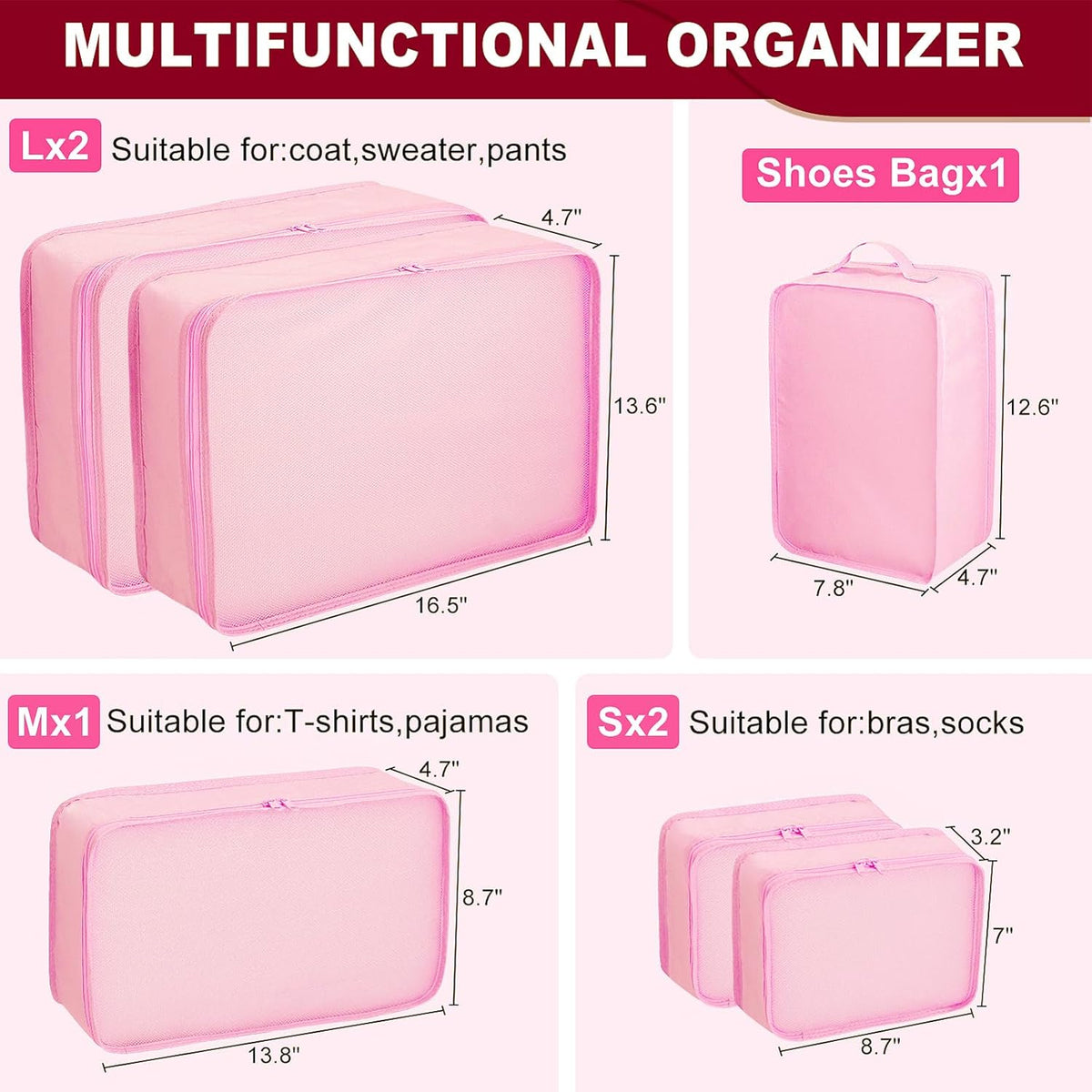 Packing cubes for Travel, Luggage Organizer Bags 6 Set Packing Cubes for Suitcases Travel Essentials for Carry on Mesh Suitcase Organizer with Shoe Bag (pink)