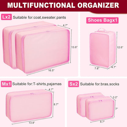 Packing cubes for Travel, Luggage Organizer Bags 6 Set Packing Cubes for Suitcases Travel Essentials for Carry on Mesh Suitcase Organizer with Shoe Bag (pink)