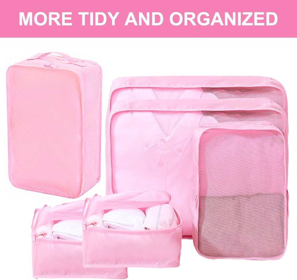 Packing cubes for Travel, Luggage Organizer Bags 6 Set Packing Cubes for Suitcases Travel Essentials for Carry on Mesh Suitcase Organizer with Shoe Bag (pink)