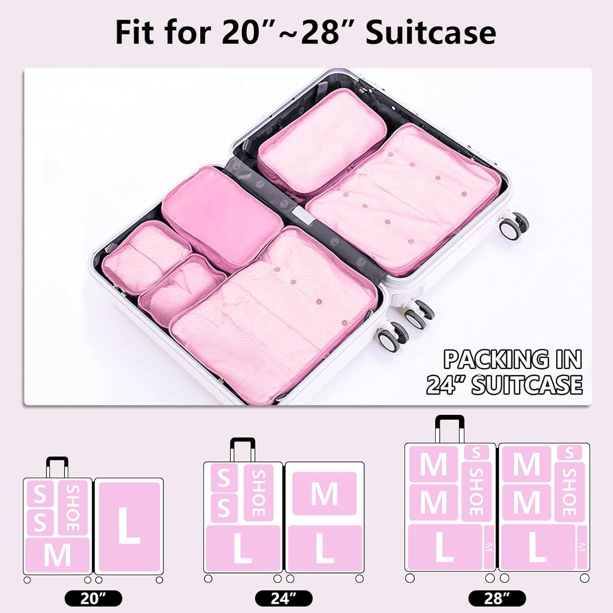 Packing cubes for Travel, Luggage Organizer Bags 6 Set Packing Cubes for Suitcases Travel Essentials for Carry on Mesh Suitcase Organizer with Shoe Bag (pink)