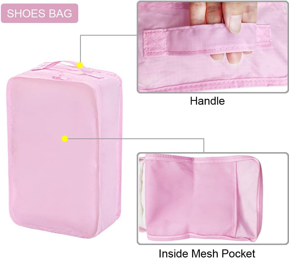 Packing cubes for Travel, Luggage Organizer Bags 6 Set Packing Cubes for Suitcases Travel Essentials for Carry on Mesh Suitcase Organizer with Shoe Bag (pink)
