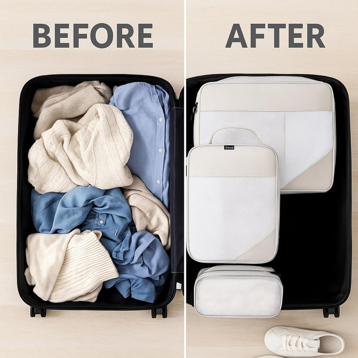 Set of 6 Packing Cubes for Travel | 40% Space Saving Cube Storage Organizer | Compression Packing Cubes with Zippers | Travel Bags Organizer for Luggage & Carry-On (Black)