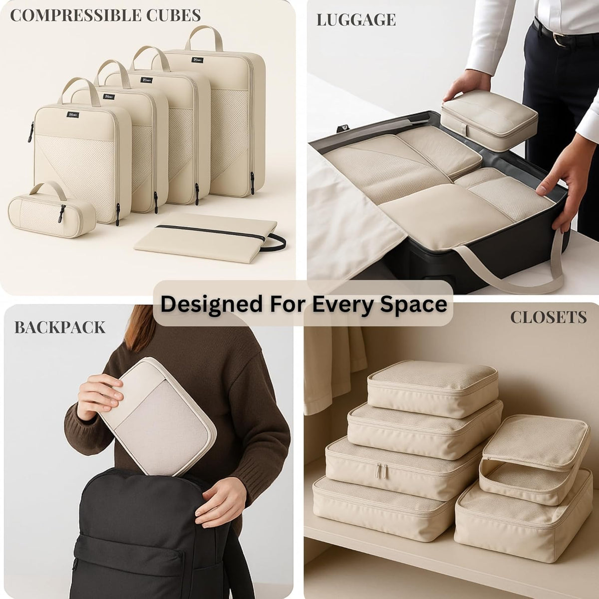 Set of 6 Packing Cubes for Travel | 40% Space Saving Cube Storage Organizer | Compression Packing Cubes with Zippers | Travel Bags Organizer for Luggage & Carry-On (Black)