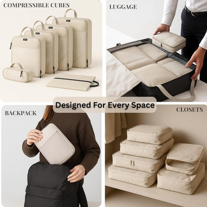 Set of 6 Packing Cubes for Travel | 40% Space Saving Cube Storage Organizer | Compression Packing Cubes with Zippers | Travel Bags Organizer for Luggage & Carry-On (Black)