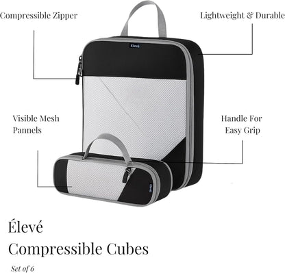 Set of 6 Packing Cubes for Travel | 40% Space Saving Cube Storage Organizer | Compression Packing Cubes with Zippers | Travel Bags Organizer for Luggage & Carry-On (Black)