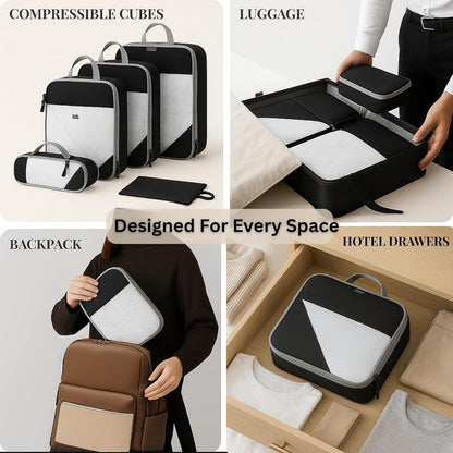 Set of 6 Packing Cubes for Travel | 40% Space Saving Cube Storage Organizer | Compression Packing Cubes with Zippers | Travel Bags Organizer for Luggage & Carry-On (Black)