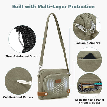 Anti Theft Crossbody Bag for Women, RFID Blocking Travel Purse with Lockable Zippers & Slash Resistant Strap