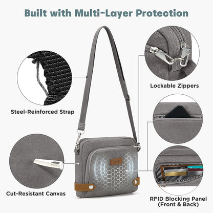 Anti Theft Crossbody Bag for Women, RFID Blocking Travel Purse with Lockable Zippers & Slash Resistant Strap