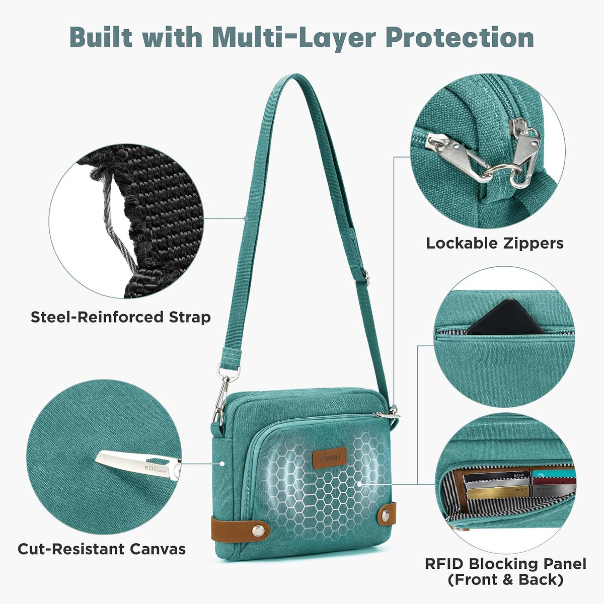Anti Theft Crossbody Bag for Women, RFID Blocking Travel Purse with Lockable Zippers & Slash Resistant Strap