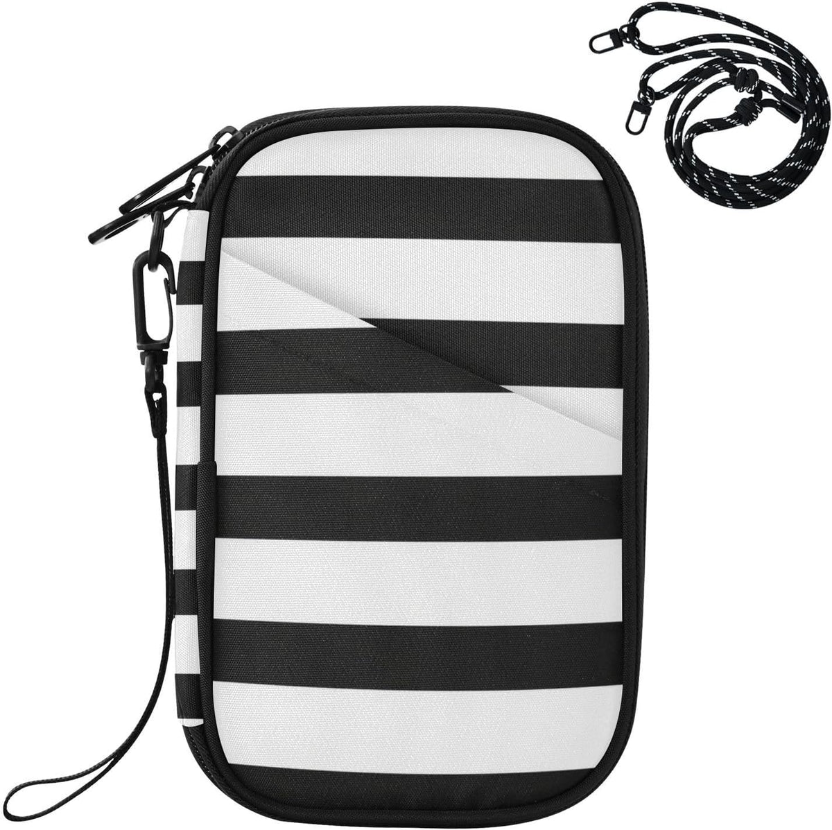 Travel Document Organizer 8.26×5.51×1.18 In | Water Resistant Oxford Multi Pockets Multi-Way Carry for Adults Travel Black White Stripe