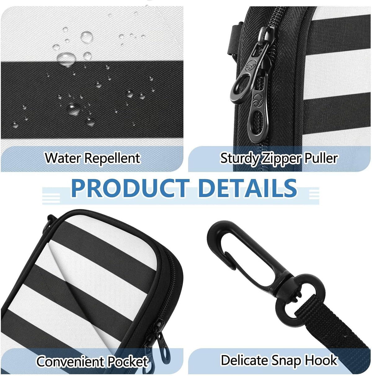 Travel Document Organizer 8.26×5.51×1.18 In | Water Resistant Oxford Multi Pockets Multi-Way Carry for Adults Travel Black White Stripe