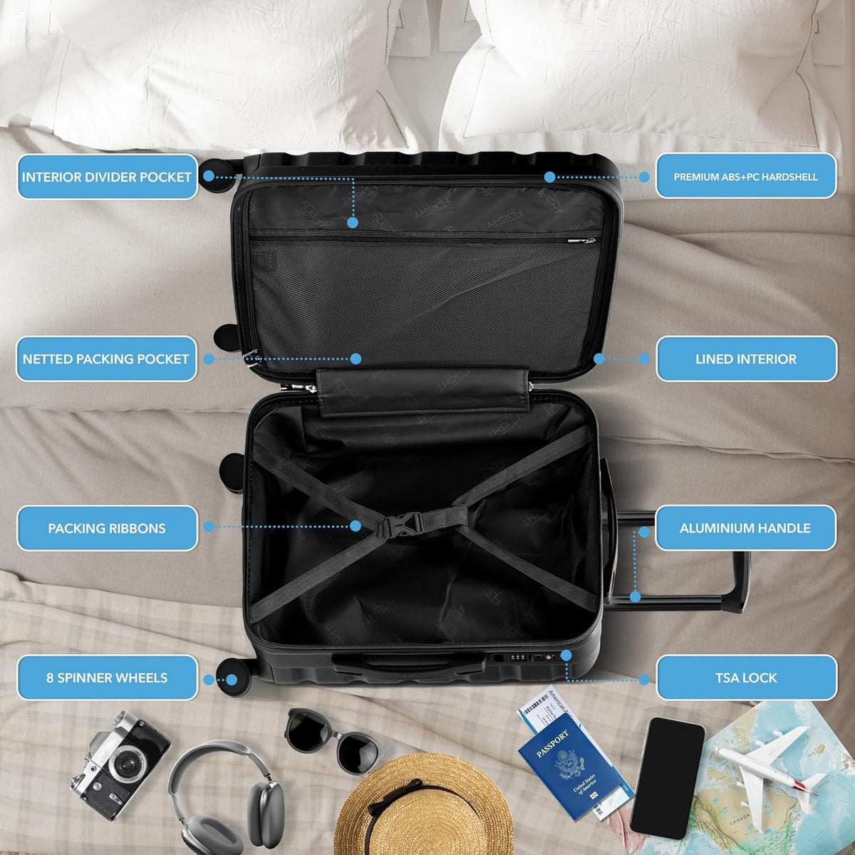 Carry On Suitcase 18x14x8" Hardside Built In TSA Lock & USB Port Lightweight Luggage Silent Double Spinner Wheels Maximum Underseat Carry-On Bag For American & United Approved Airlines