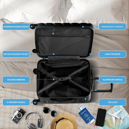 Carry On Suitcase 18x14x8" Hardside Built In TSA Lock & USB Port Lightweight Luggage Silent Double Spinner Wheels Maximum Underseat Carry-On Bag For American & United Approved Airlines