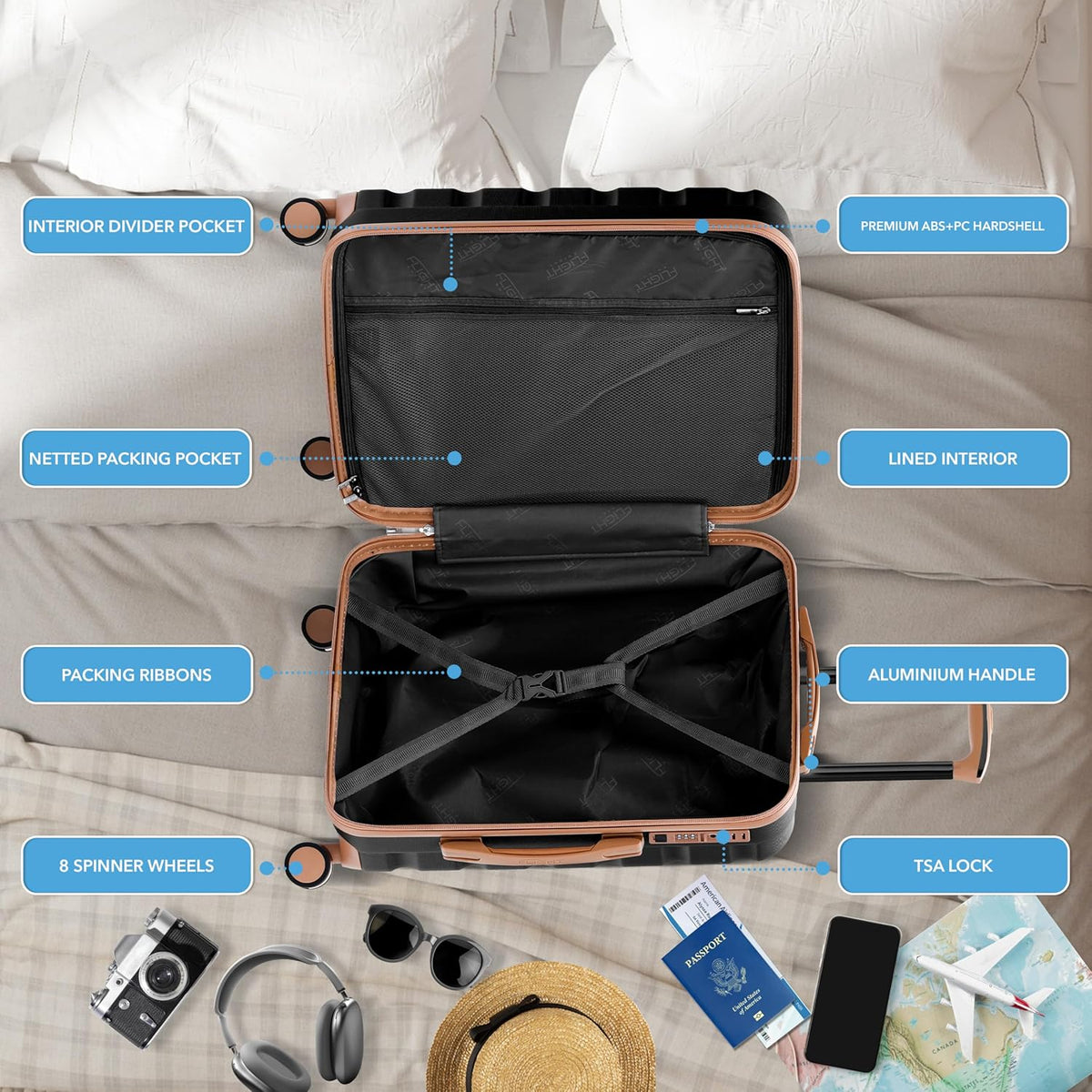 Carry On Suitcase 18x14x8" Hardside Built In TSA Lock & USB Port Lightweight Luggage Silent Double Spinner Wheels Maximum Underseat Carry-On Bag For American & United Approved Airlines
