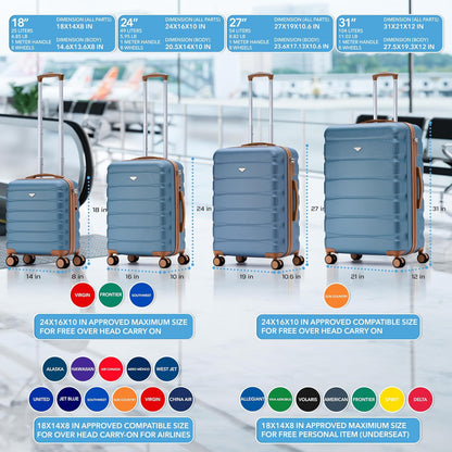 Carry On Suitcase 18x14x8" Hardside Built In TSA Lock & USB Port Lightweight Luggage Silent Double Spinner Wheels Maximum Underseat Carry-On Bag For American & United Approved Airlines