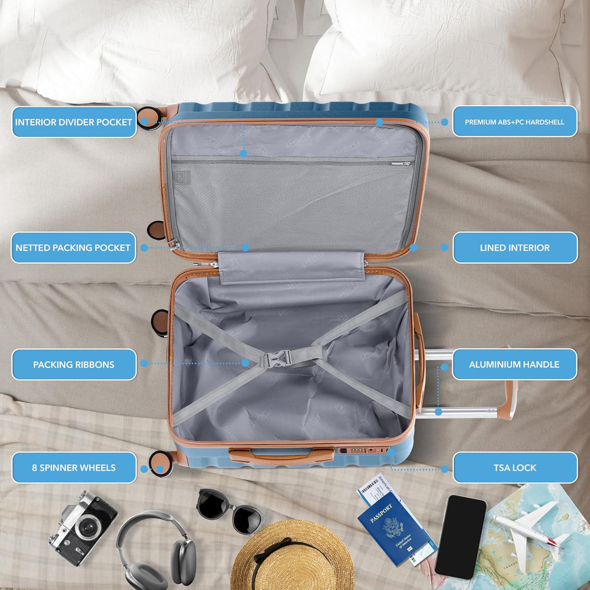 Carry On Suitcase 18x14x8" Hardside Built In TSA Lock & USB Port Lightweight Luggage Silent Double Spinner Wheels Maximum Underseat Carry-On Bag For American & United Approved Airlines
