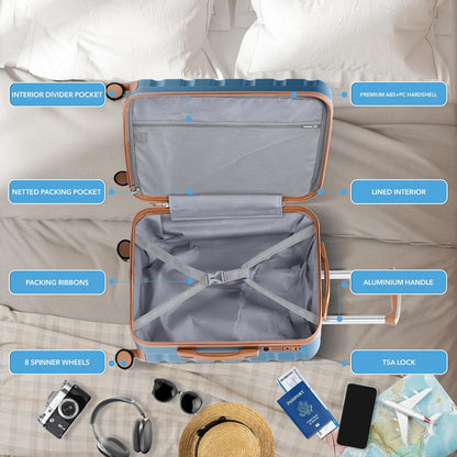 Carry On Suitcase 18x14x8" Hardside Built In TSA Lock & USB Port Lightweight Luggage Silent Double Spinner Wheels Maximum Underseat Carry-On Bag For American & United Approved Airlines