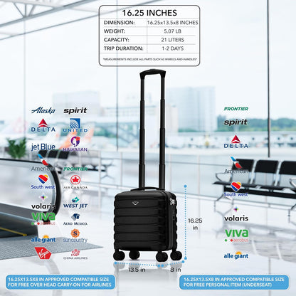 Carry On Suitcase 18x14x8" Hardside Built In TSA Lock & USB Port Lightweight Luggage Silent Double Spinner Wheels Maximum Underseat Carry-On Bag For American & United Approved Airlines