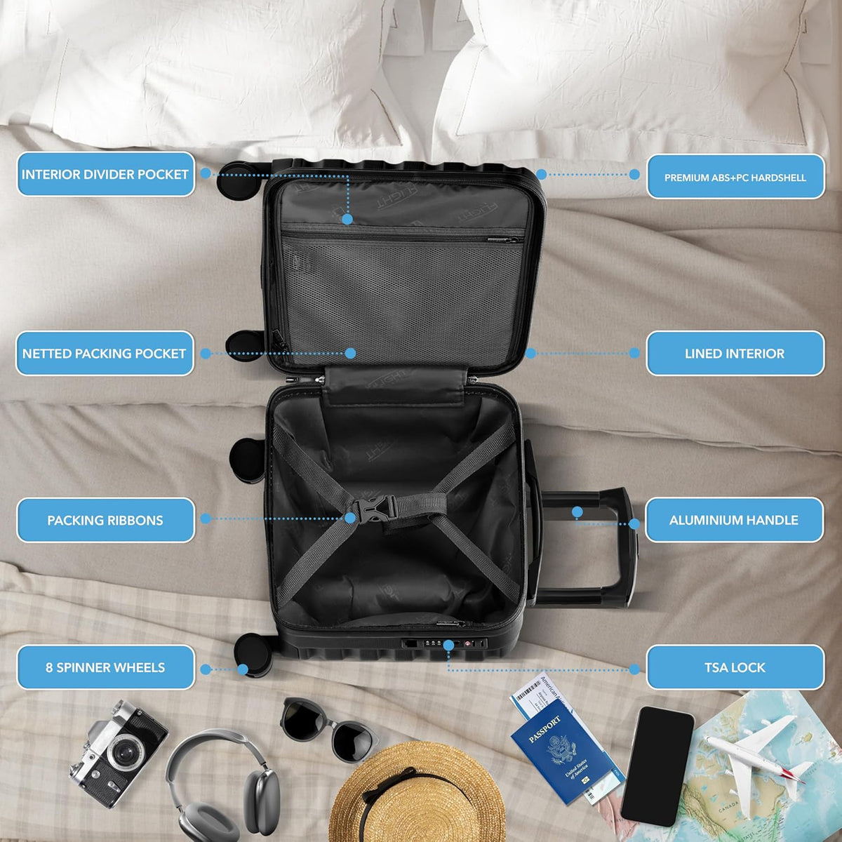Carry On Suitcase 18x14x8" Hardside Built In TSA Lock & USB Port Lightweight Luggage Silent Double Spinner Wheels Maximum Underseat Carry-On Bag For American & United Approved Airlines