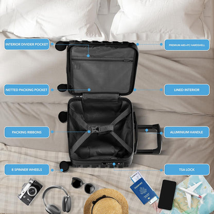 Carry On Suitcase 18x14x8" Hardside Built In TSA Lock & USB Port Lightweight Luggage Silent Double Spinner Wheels Maximum Underseat Carry-On Bag For American & United Approved Airlines