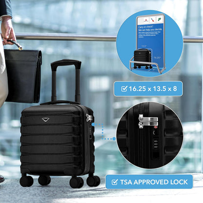 Carry On Suitcase 18x14x8" Hardside Built In TSA Lock & USB Port Lightweight Luggage Silent Double Spinner Wheels Maximum Underseat Carry-On Bag For American & United Approved Airlines