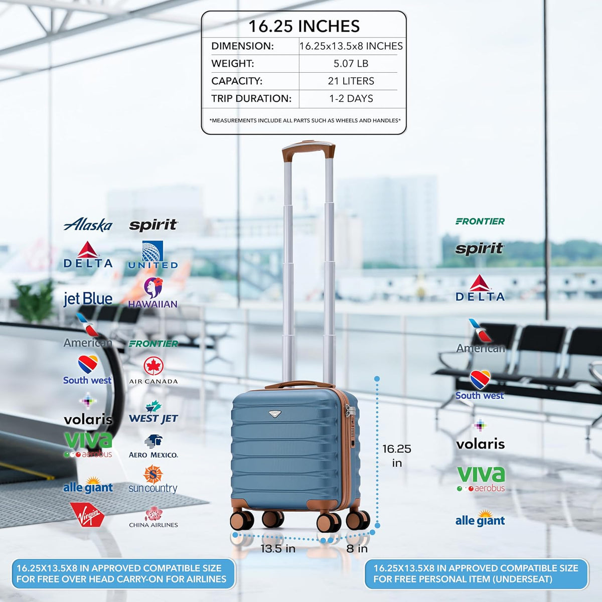 Carry On Suitcase 18x14x8" Hardside Built In TSA Lock & USB Port Lightweight Luggage Silent Double Spinner Wheels Maximum Underseat Carry-On Bag For American & United Approved Airlines
