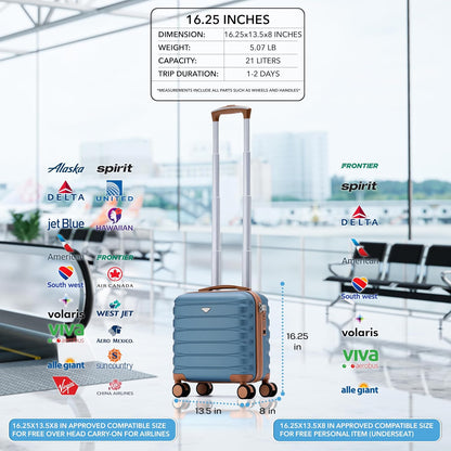 Carry On Suitcase 18x14x8" Hardside Built In TSA Lock & USB Port Lightweight Luggage Silent Double Spinner Wheels Maximum Underseat Carry-On Bag For American & United Approved Airlines