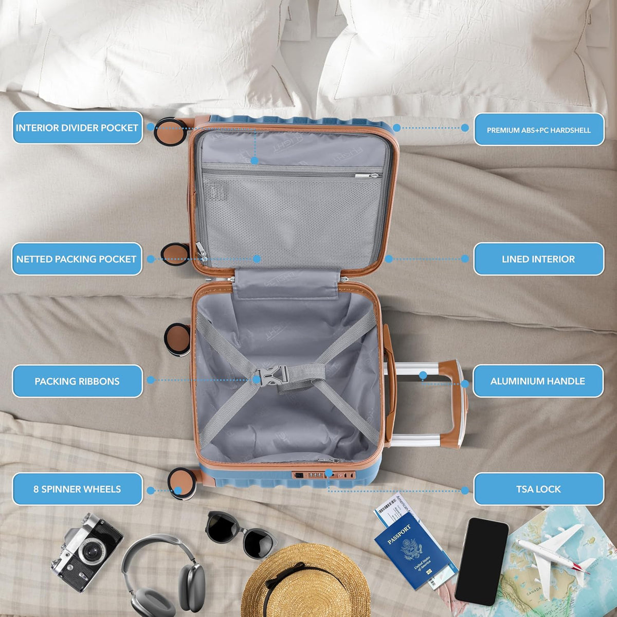 Carry On Suitcase 18x14x8" Hardside Built In TSA Lock & USB Port Lightweight Luggage Silent Double Spinner Wheels Maximum Underseat Carry-On Bag For American & United Approved Airlines