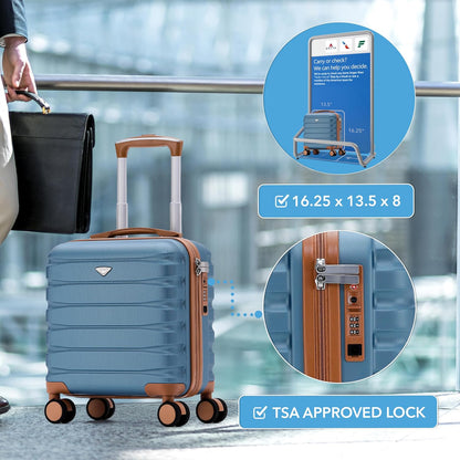 Carry On Suitcase 18x14x8" Hardside Built In TSA Lock & USB Port Lightweight Luggage Silent Double Spinner Wheels Maximum Underseat Carry-On Bag For American & United Approved Airlines
