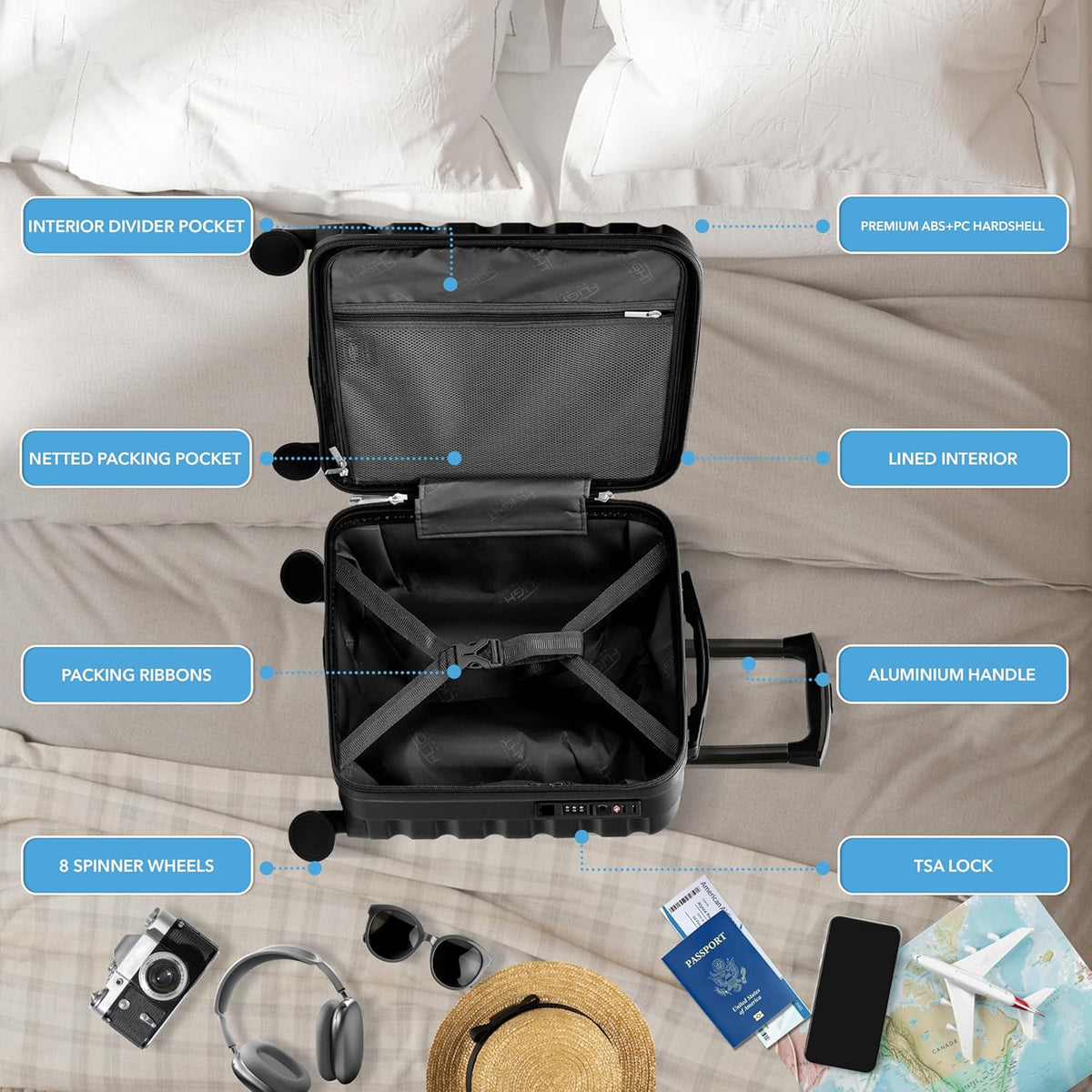 Carry On Suitcase 18x14x8" Hardside Built In TSA Lock & USB Port Lightweight Luggage Silent Double Spinner Wheels Maximum Underseat Carry-On Bag For American & United Approved Airlines