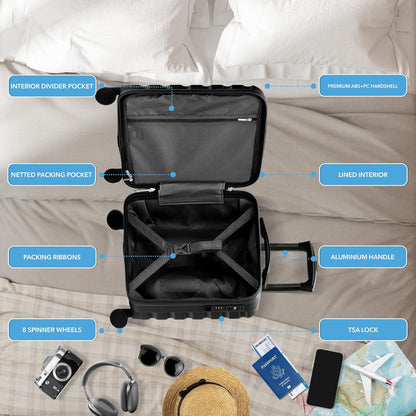Carry On Suitcase 18x14x8" Hardside Built In TSA Lock & USB Port Lightweight Luggage Silent Double Spinner Wheels Maximum Underseat Carry-On Bag For American & United Approved Airlines