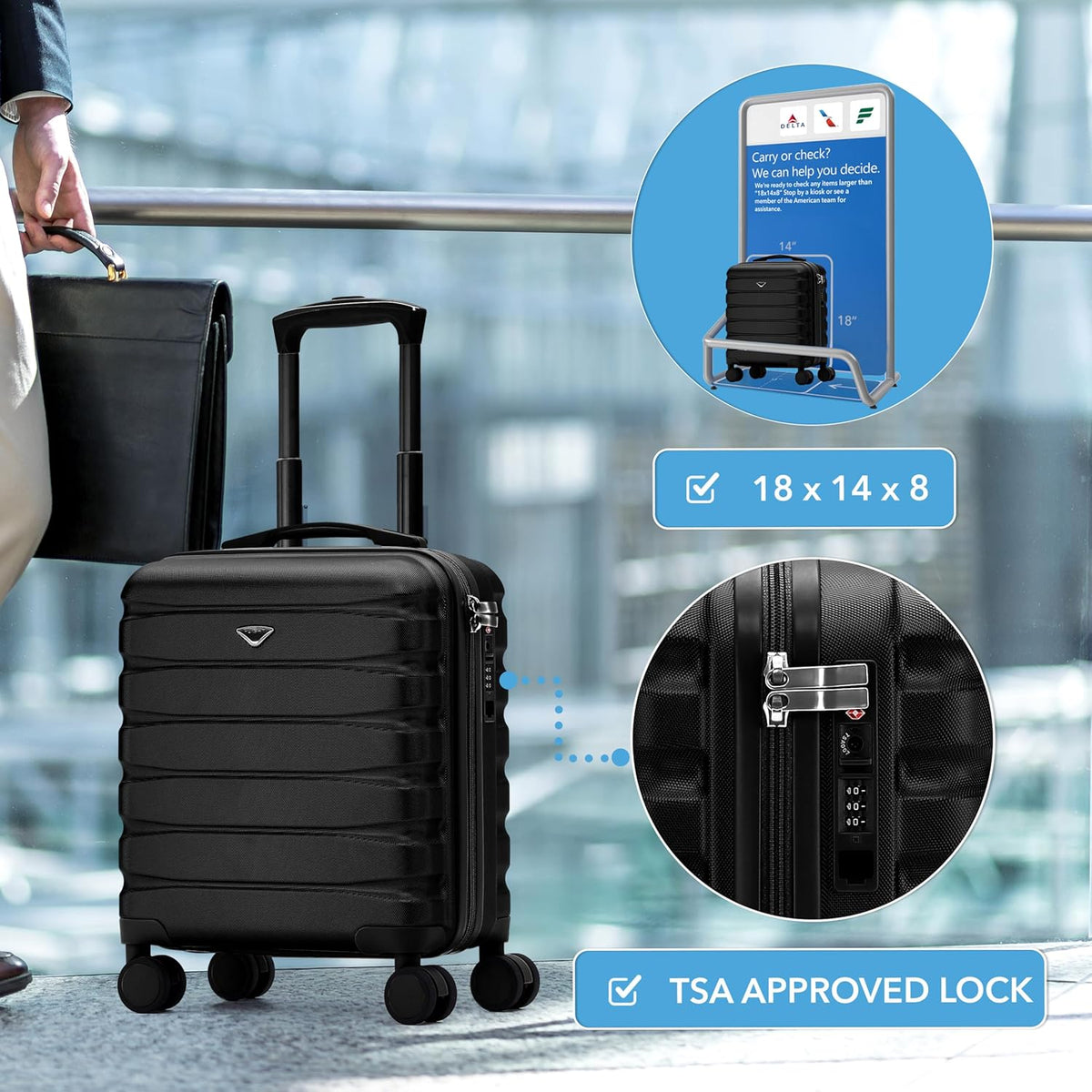 Carry On Suitcase 18x14x8" Hardside Built In TSA Lock & USB Port Lightweight Luggage Silent Double Spinner Wheels Maximum Underseat Carry-On Bag For American & United Approved Airlines