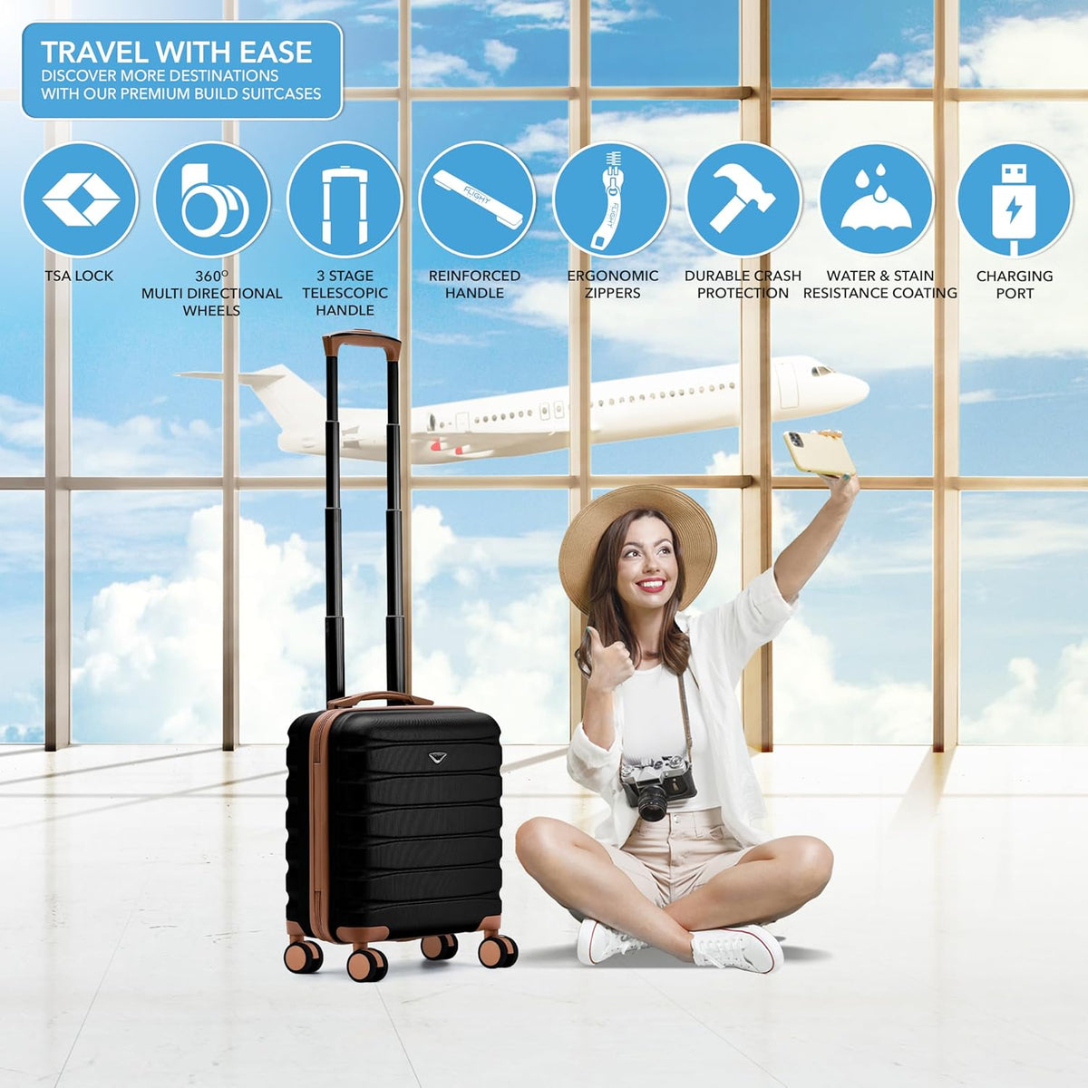 Carry On Suitcase 18x14x8" Hardside Built In TSA Lock & USB Port Lightweight Luggage Silent Double Spinner Wheels Maximum Underseat Carry-On Bag For American & United Approved Airlines
