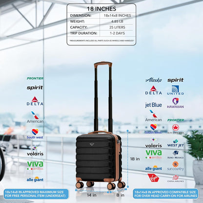 Carry On Suitcase 18x14x8" Hardside Built In TSA Lock & USB Port Lightweight Luggage Silent Double Spinner Wheels Maximum Underseat Carry-On Bag For American & United Approved Airlines