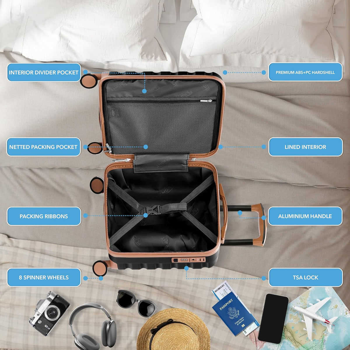 Carry On Suitcase 18x14x8" Hardside Built In TSA Lock & USB Port Lightweight Luggage Silent Double Spinner Wheels Maximum Underseat Carry-On Bag For American & United Approved Airlines