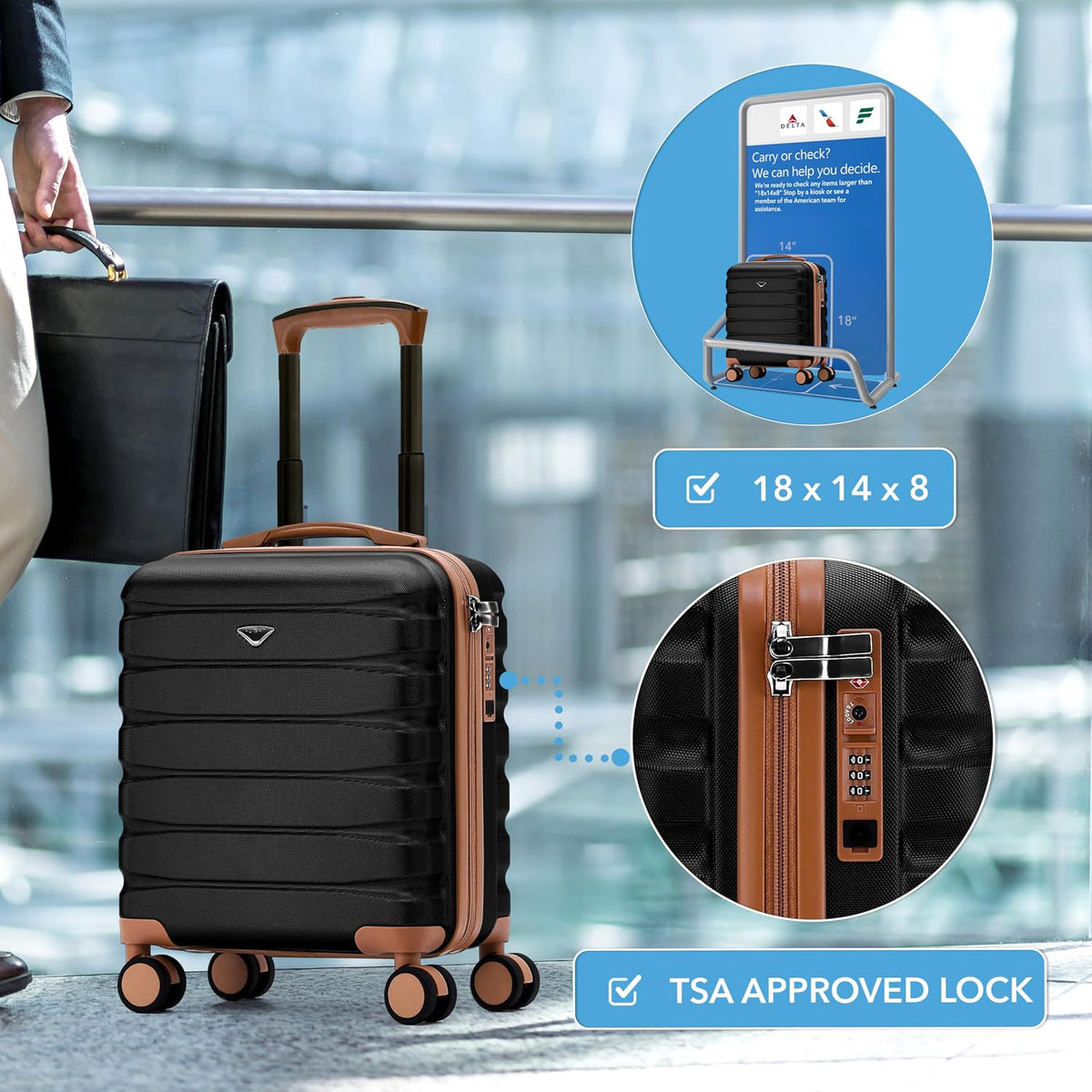 Carry On Suitcase 18x14x8" Hardside Built In TSA Lock & USB Port Lightweight Luggage Silent Double Spinner Wheels Maximum Underseat Carry-On Bag For American & United Approved Airlines