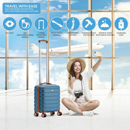 Carry On Suitcase 18x14x8" Hardside Built In TSA Lock & USB Port Lightweight Luggage Silent Double Spinner Wheels Maximum Underseat Carry-On Bag For American & United Approved Airlines