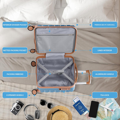 Carry On Suitcase 18x14x8" Hardside Built In TSA Lock & USB Port Lightweight Luggage Silent Double Spinner Wheels Maximum Underseat Carry-On Bag For American & United Approved Airlines