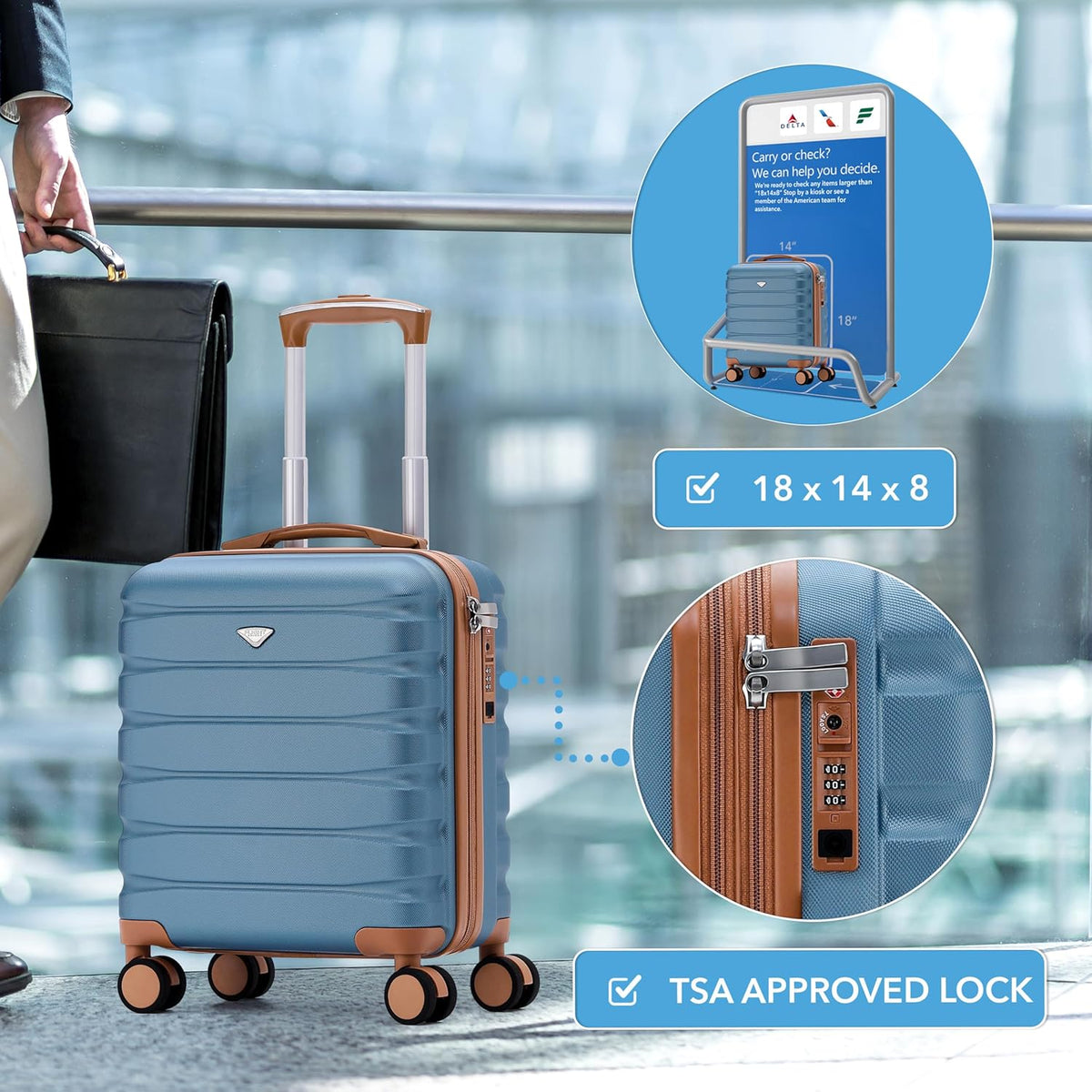 Carry On Suitcase 18x14x8" Hardside Built In TSA Lock & USB Port Lightweight Luggage Silent Double Spinner Wheels Maximum Underseat Carry-On Bag For American & United Approved Airlines
