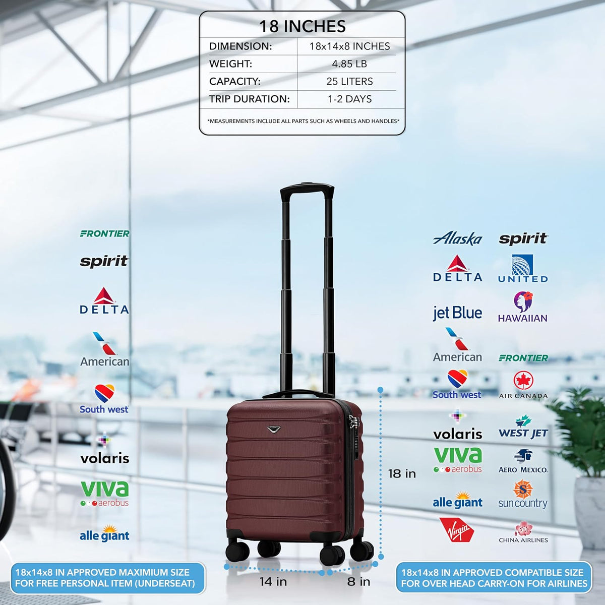 Carry On Suitcase 18x14x8" Hardside Built In TSA Lock & USB Port Lightweight Luggage Silent Double Spinner Wheels Maximum Underseat Carry-On Bag For American & United Approved Airlines