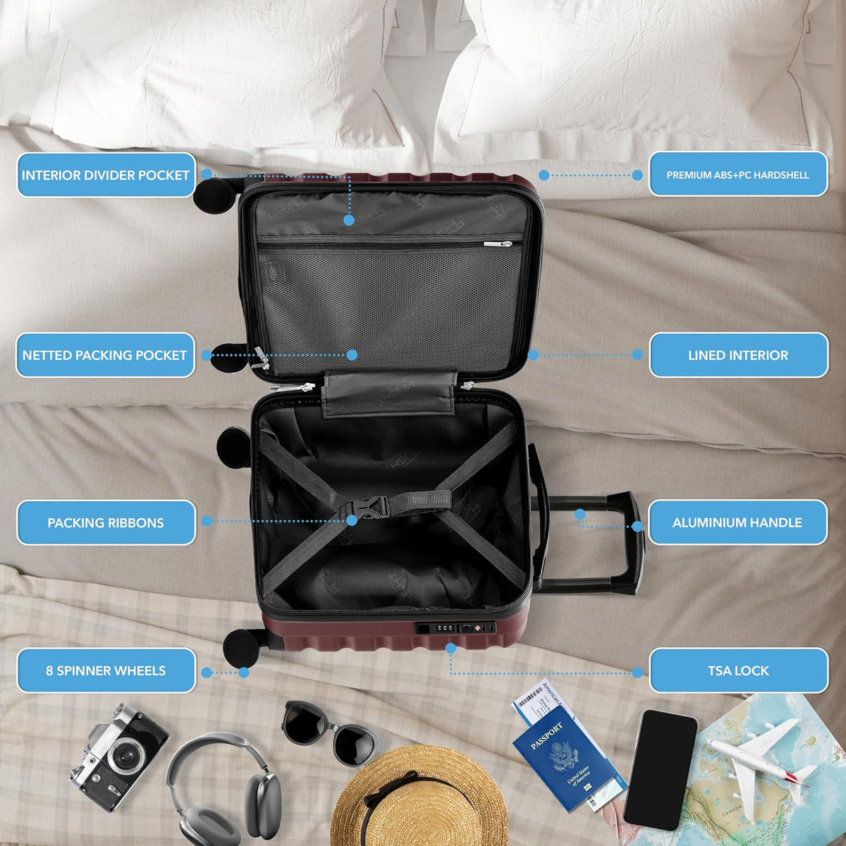 Carry On Suitcase 18x14x8" Hardside Built In TSA Lock & USB Port Lightweight Luggage Silent Double Spinner Wheels Maximum Underseat Carry-On Bag For American & United Approved Airlines
