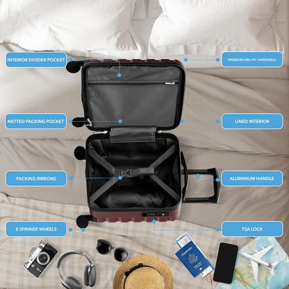 Carry On Suitcase 18x14x8" Hardside Built In TSA Lock & USB Port Lightweight Luggage Silent Double Spinner Wheels Maximum Underseat Carry-On Bag For American & United Approved Airlines