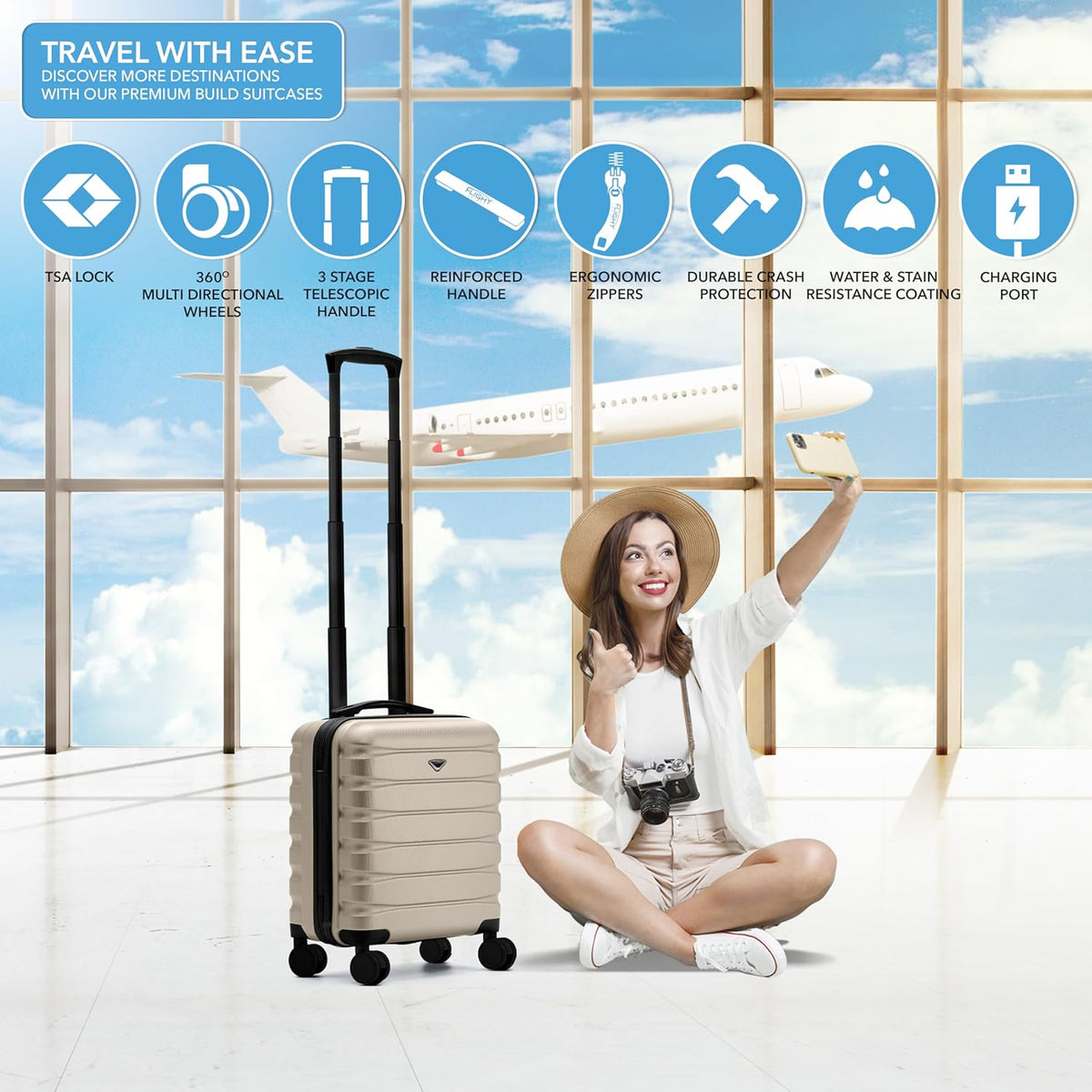 Carry On Suitcase 18x14x8" Hardside Built In TSA Lock & USB Port Lightweight Luggage Silent Double Spinner Wheels Maximum Underseat Carry-On Bag For American & United Approved Airlines
